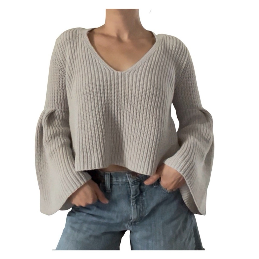 Free People 100% Cotton Sweater Womens‎ Small Gray Knit Damsel Bell Sleeve Soft